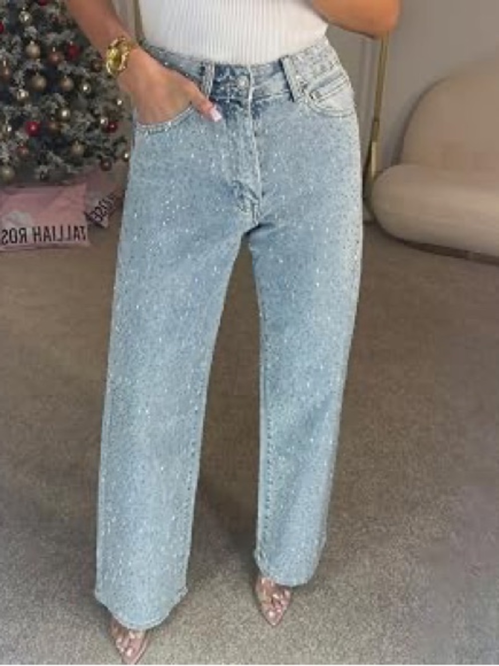Zara Light Blue Boyfriend Jeans with Subtle Sparkle